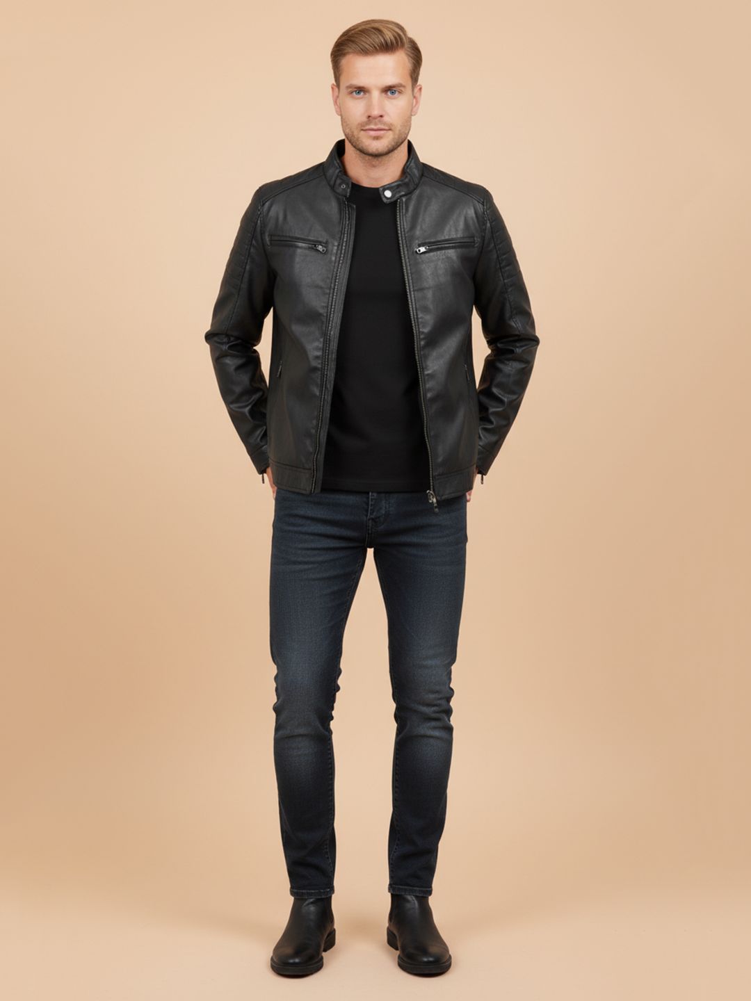 Mast & Harbour Men Biker Jacket with Patchwork