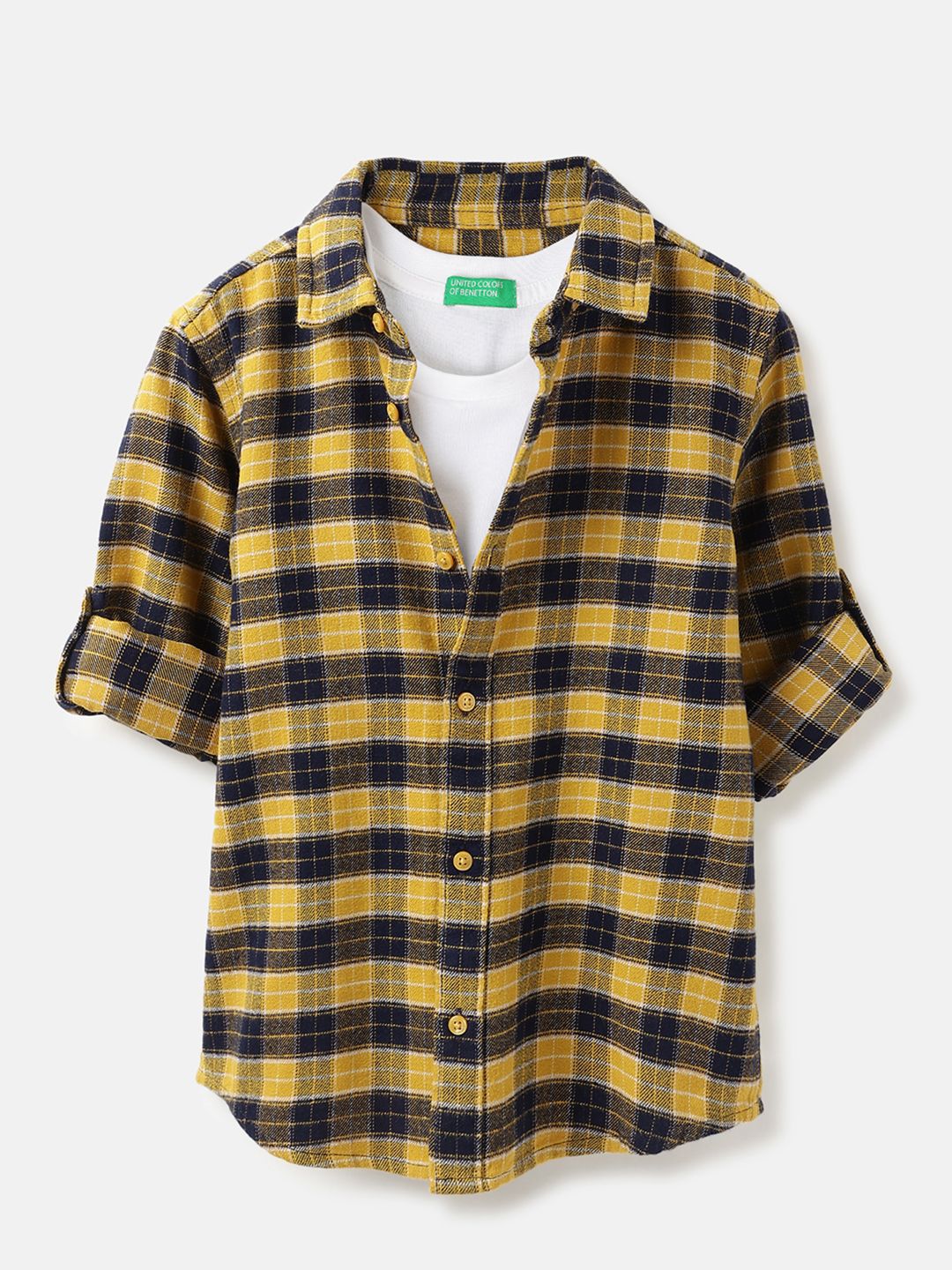 United Colors of Benetton Boys Tartan Checked Spread Collar Cotton Twill Shirt with Tee