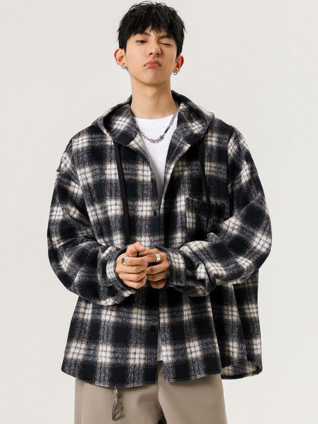 StyleCast x Revolte Men Black Ombre Checked Hooded Jacket
