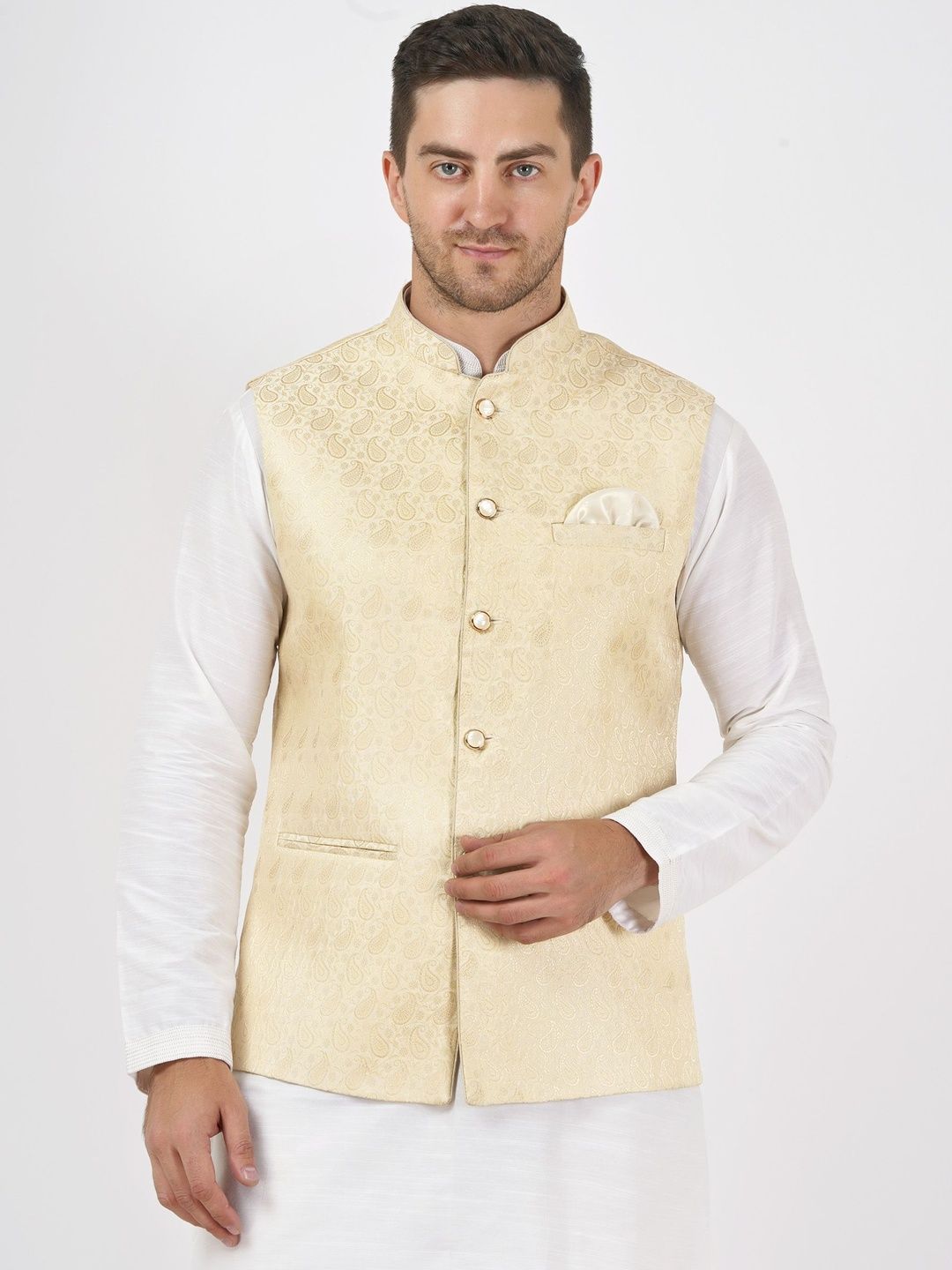 Badoliya & Sons Woven Design Mandarin Collar Nehru Jacket With Pocket Square