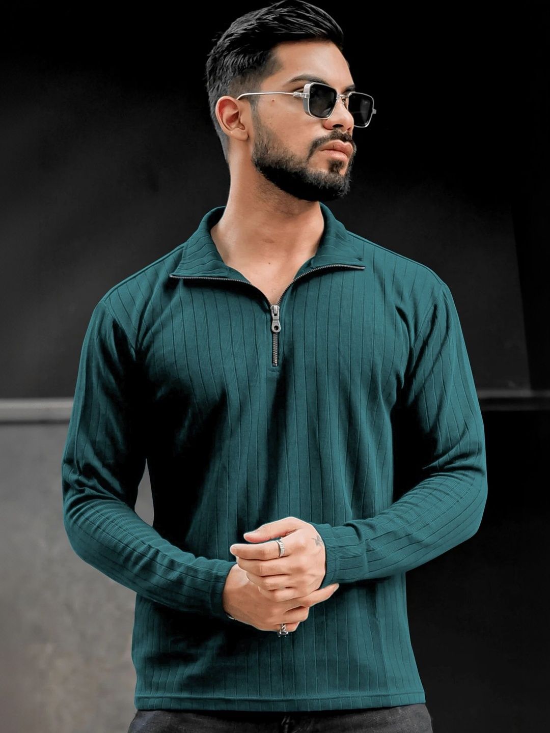 KAJARU Men Self Design Polo Collar Zipper T-shirt