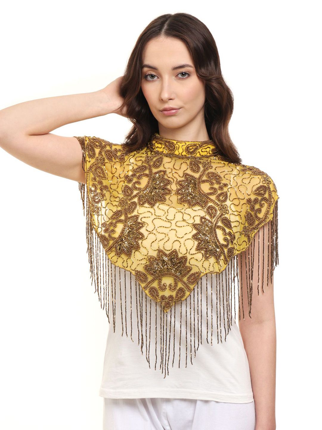 JEDCO Embroidered Self Design Round Neck Short Sleeves Waterfall Shrug