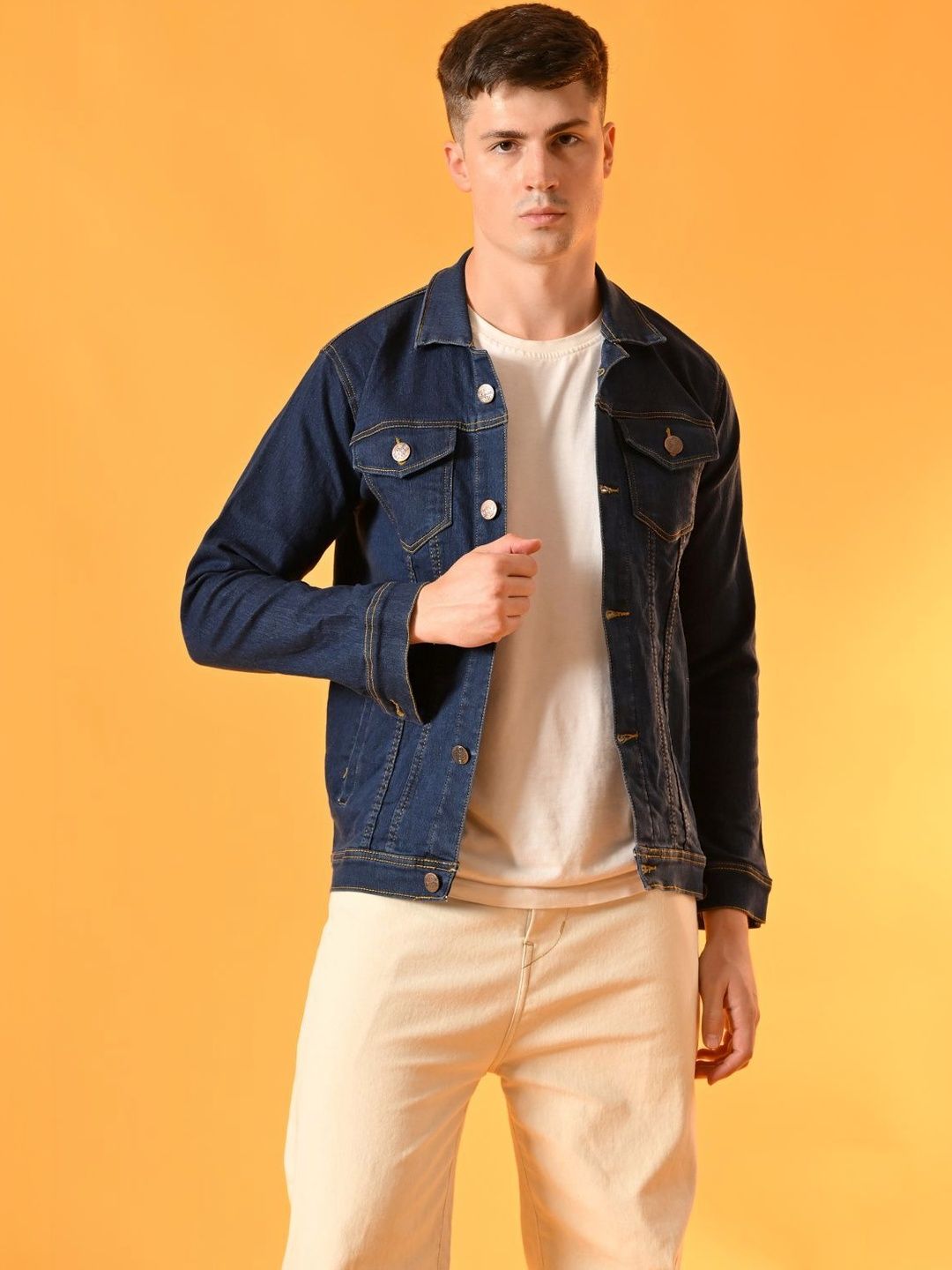 SZN Men Checked Outdoor Denim Jacket with Embroidered