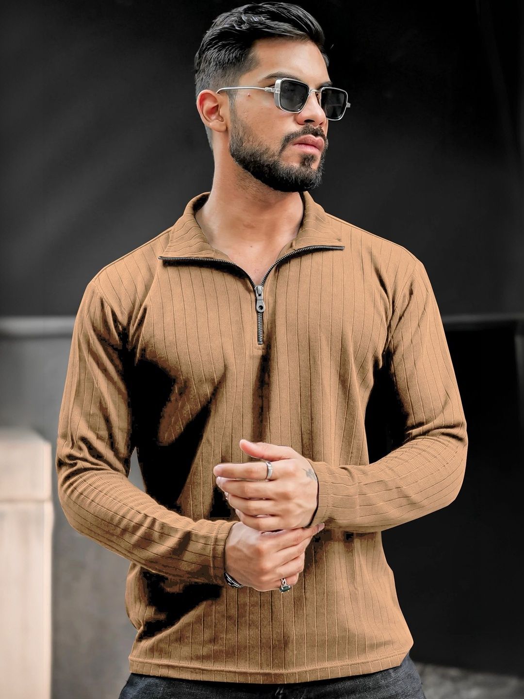 KAJARU Men Self Design Regular Fit Polo Collar Long Sleeves T-shirt
