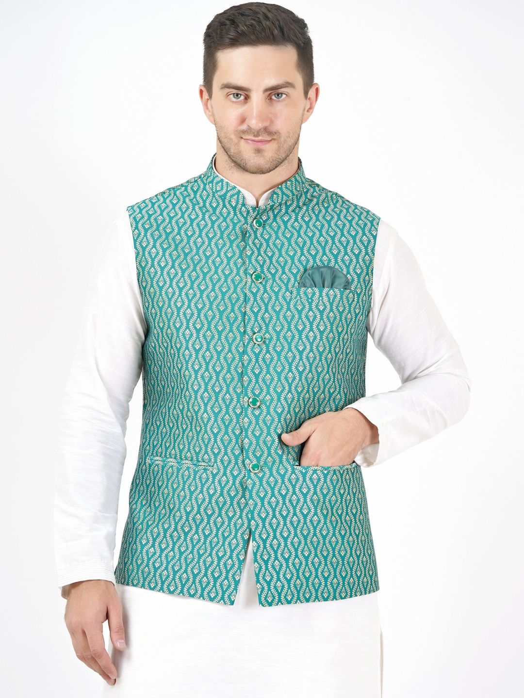 Badoliya & Sons Woven Design Mandarin Collar Nehru Jacket With Pocket Square