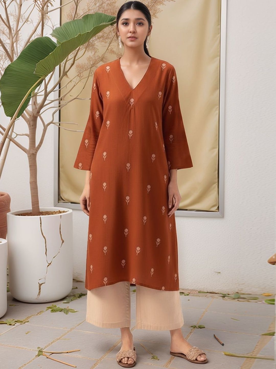 SZN Floral Printed Three-Quarter Sleeves Straight Kurta With Palazzos