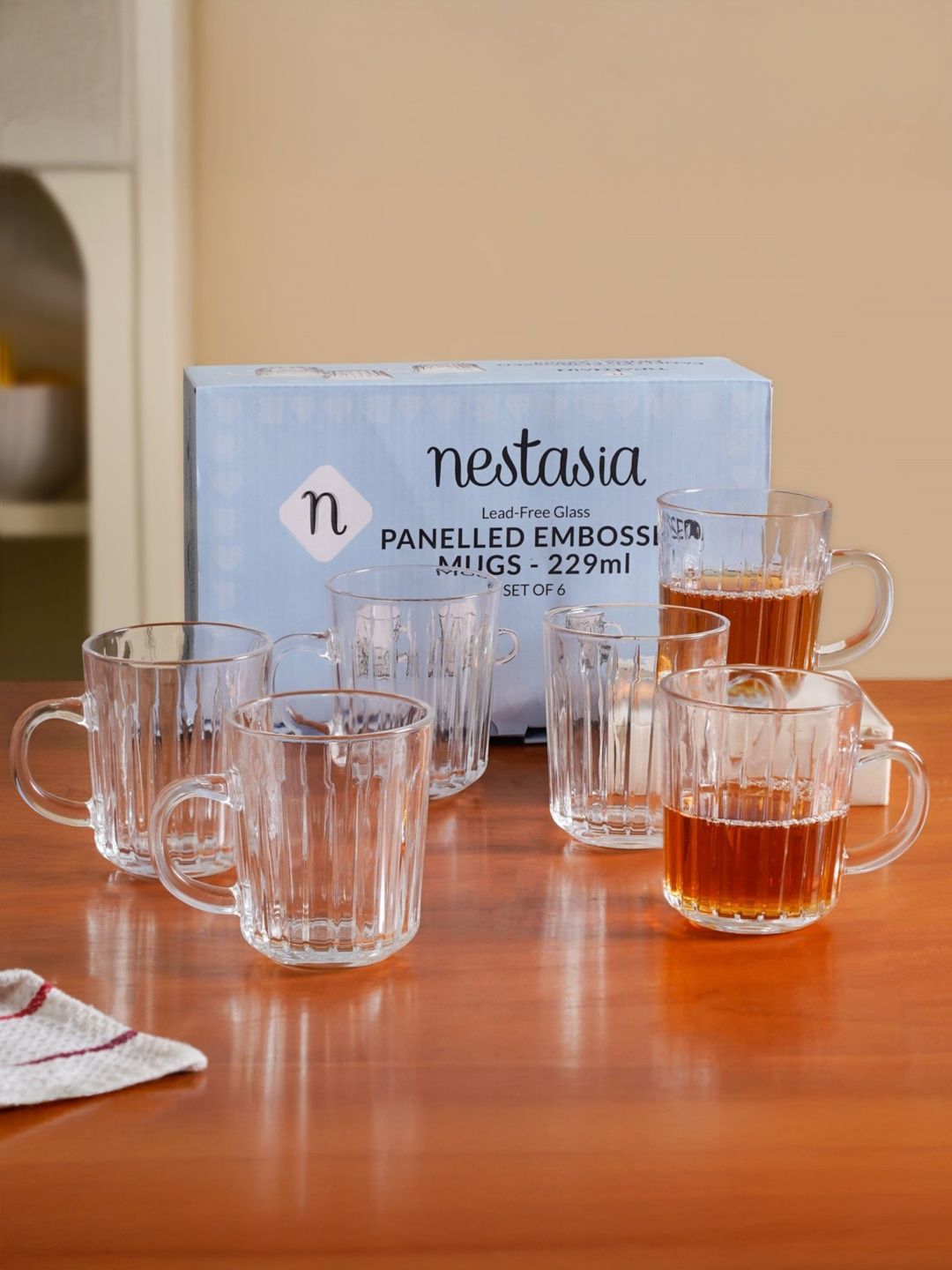 Nestasia Transparent 6 Pieces Textured Glass Mugs - 229ml Each