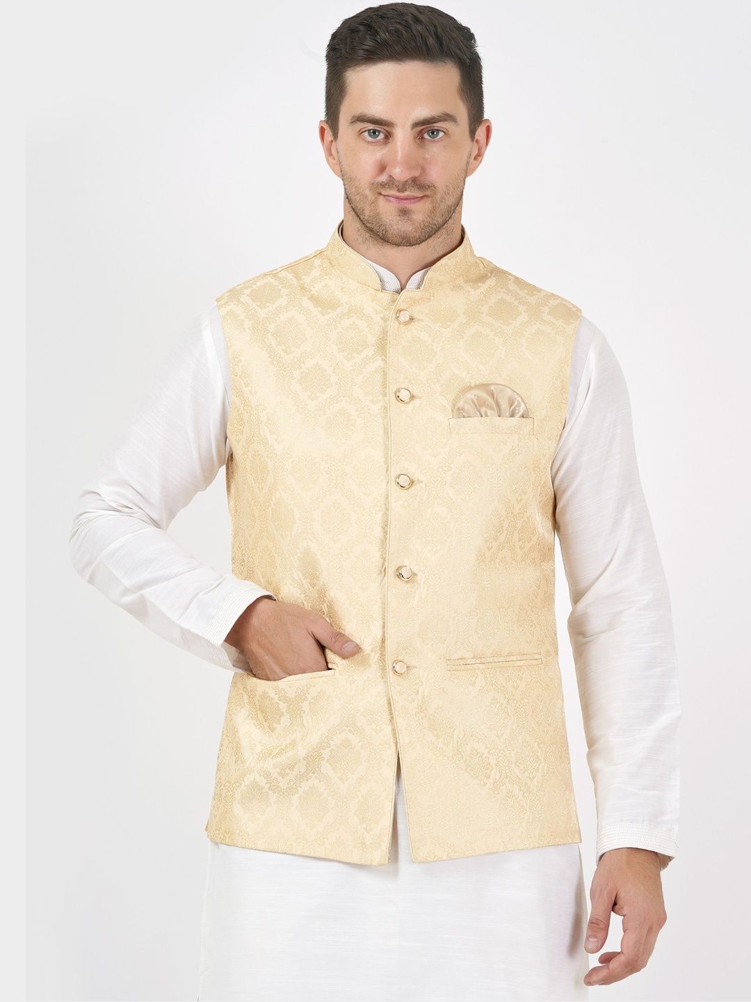 Badoliya & Sons Men Woven Design Mandarin Collar Nehru Jacket With Pocket Square