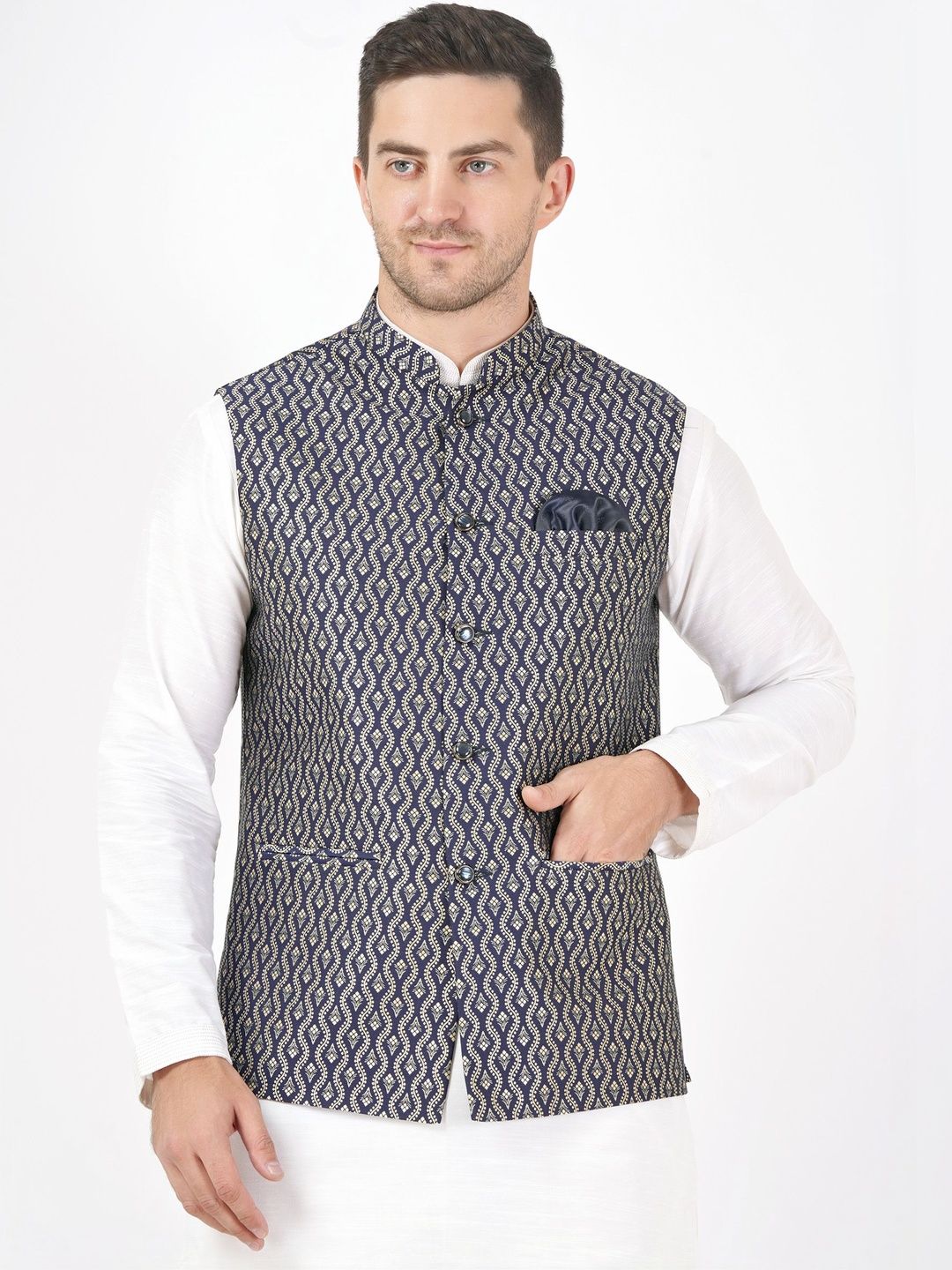 Badoliya & Sons Men Woven Design Mandarin Collar Nehru Jacket With Pocket Square