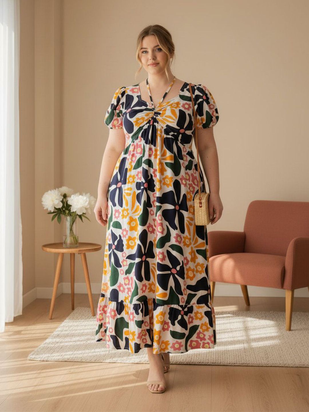 U&F Beyond Floral Print Puff Sleeve Maxi Dress