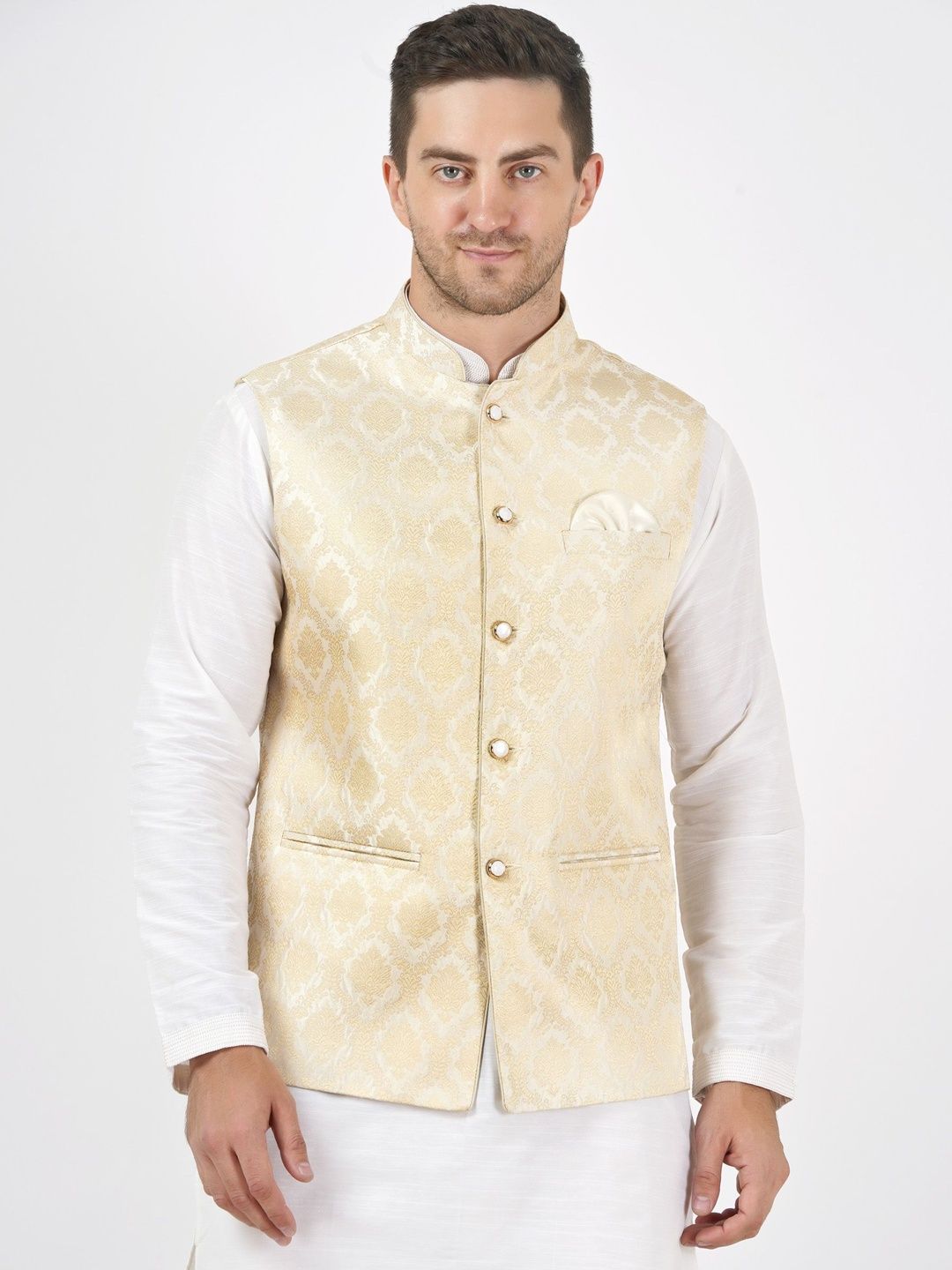 Badoliya & Sons Woven Design Mandarin Collar Nehru Jacket With Pocket Square