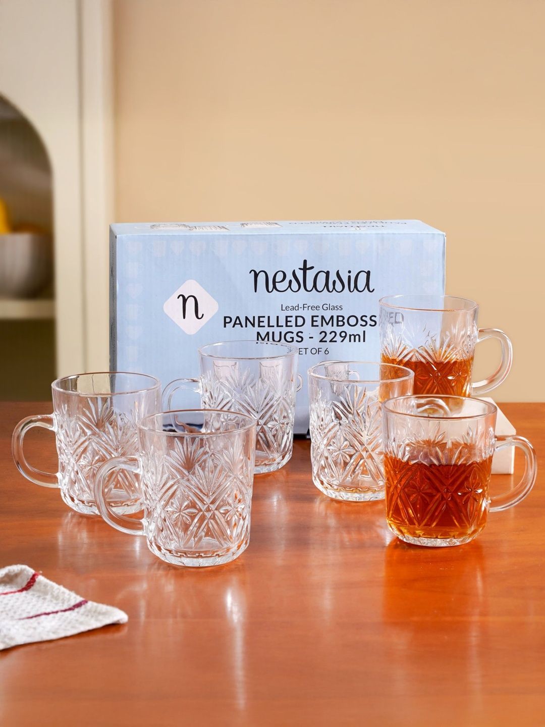 Nestasia Transparent Textured Glass Dishwasher Safe 6 Pieces Mugs 229ml