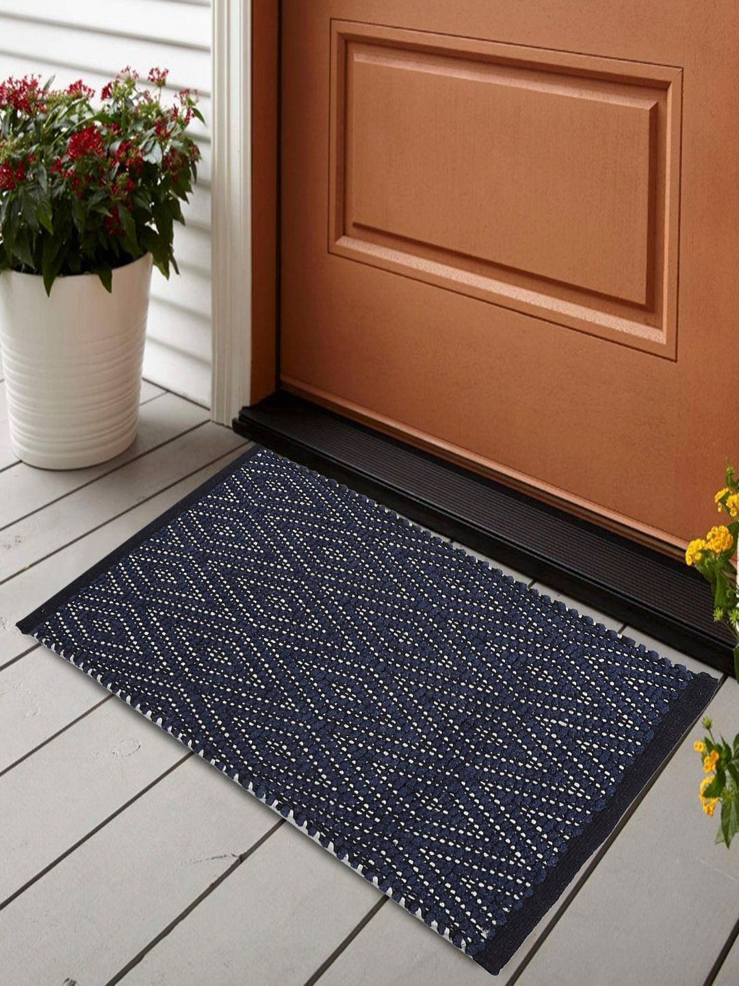 Status Navy Blue Woven Design Cotton Anti-Slip Doormats- 38 X 58 CM