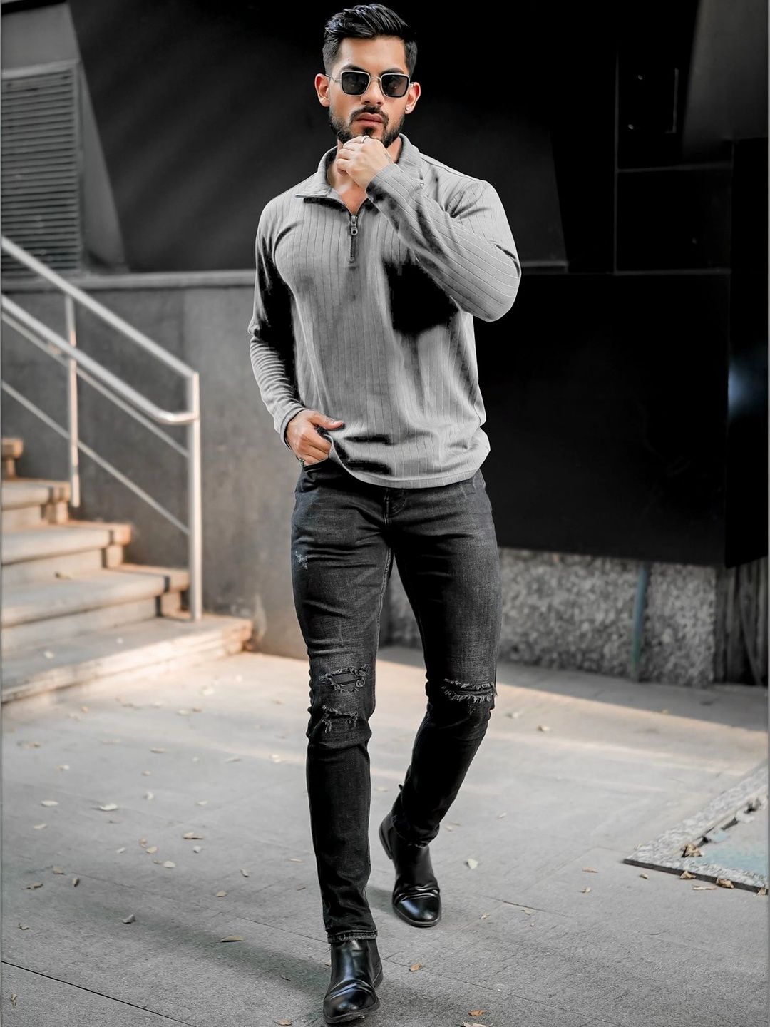 HAPPY KHAJANA Men Polo Collar Long Sleeves Zipper Chain Regular Fit T-shirt