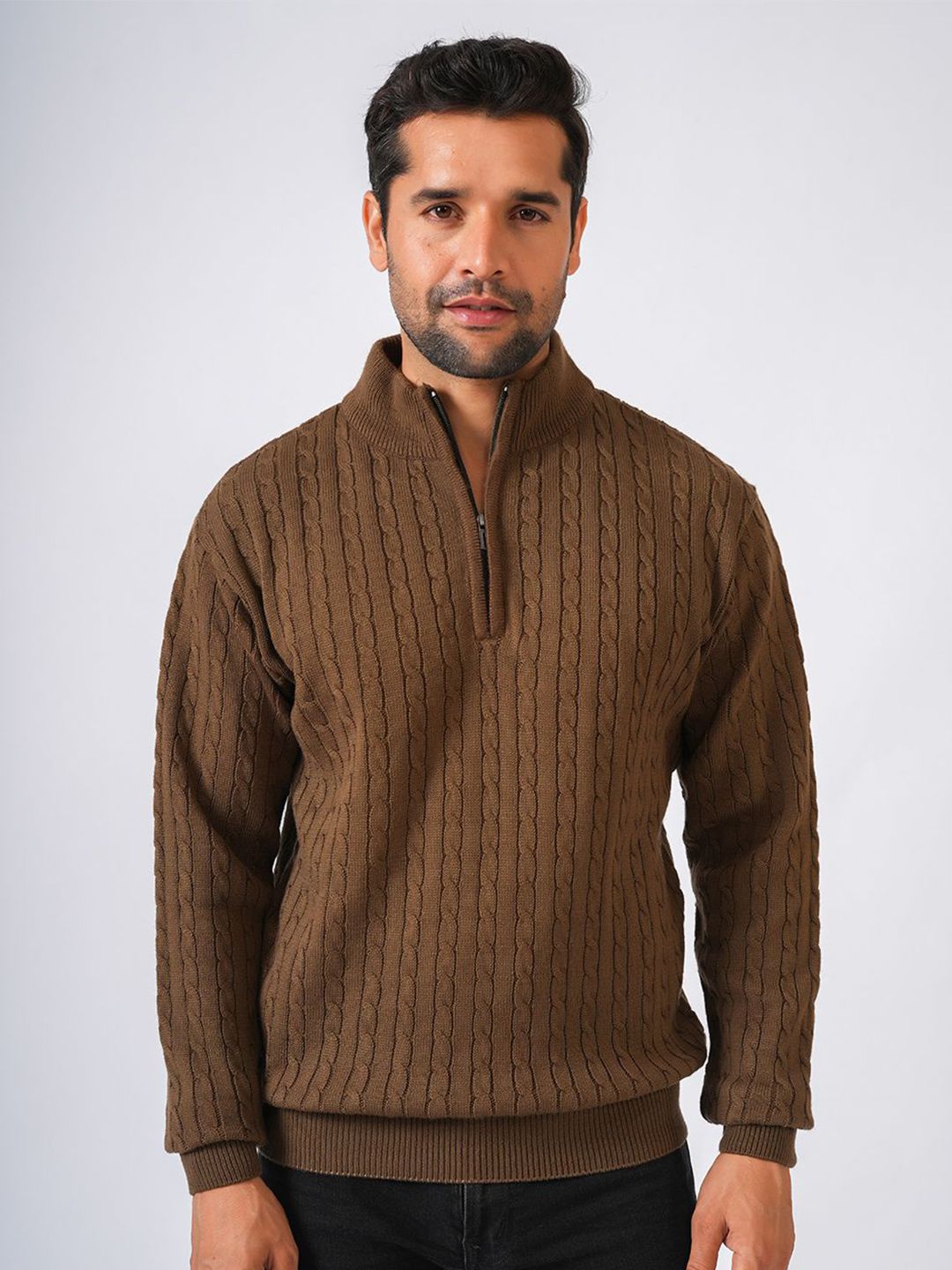 Buy Kvetoo Wool Men Ribbed Long Sleeve High Neck Half Zipper
