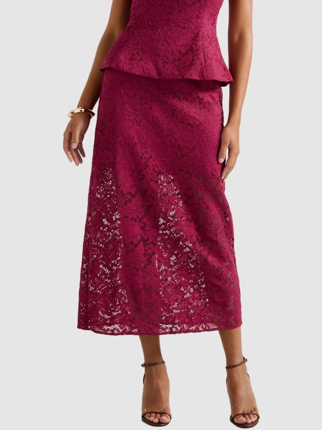 Forever New Self-Designed Mid-Rise Lace Frills A-Line Midi Skirt
