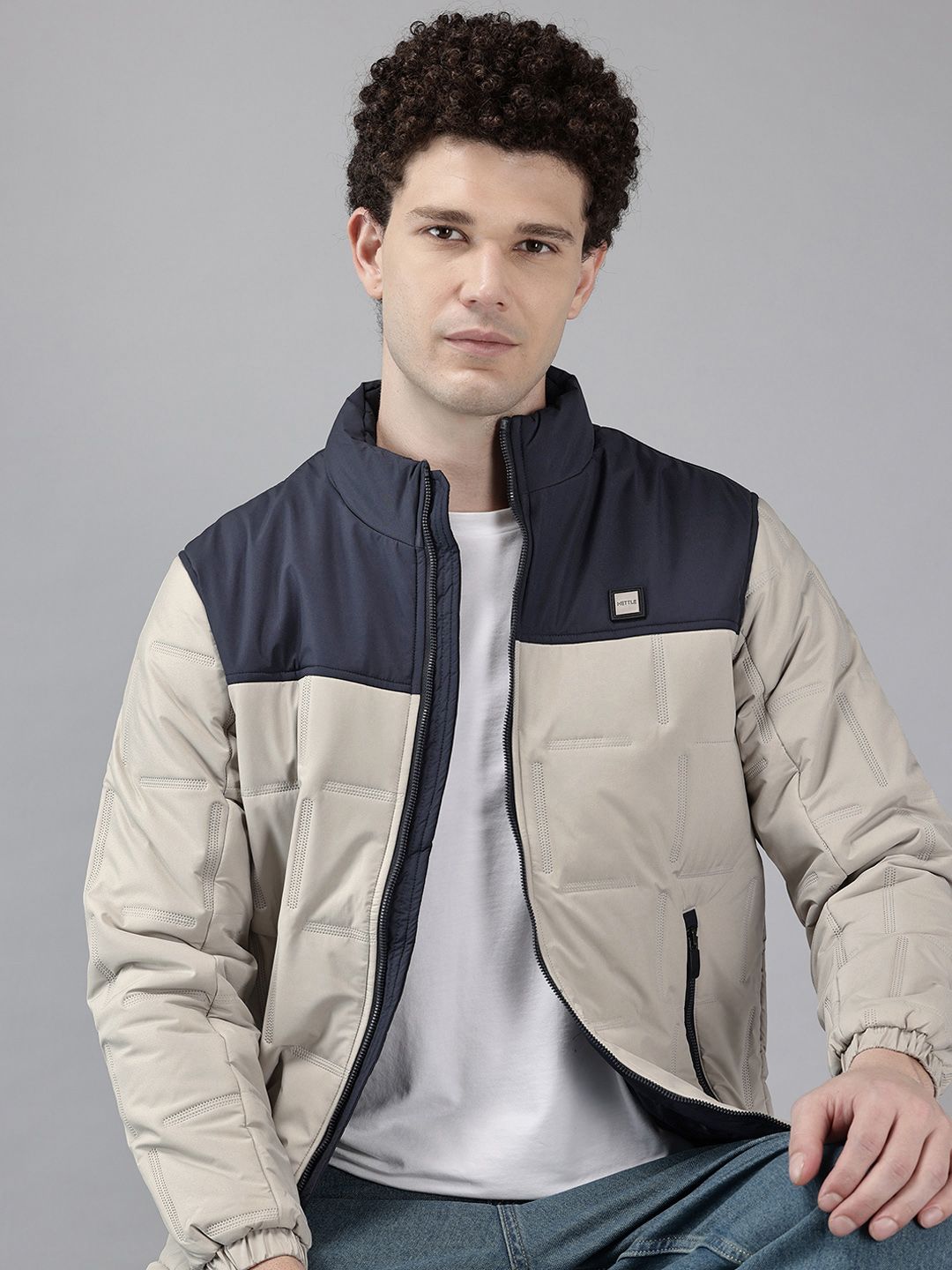 METTLE Colourblocked Stand Collar Padded Jacket