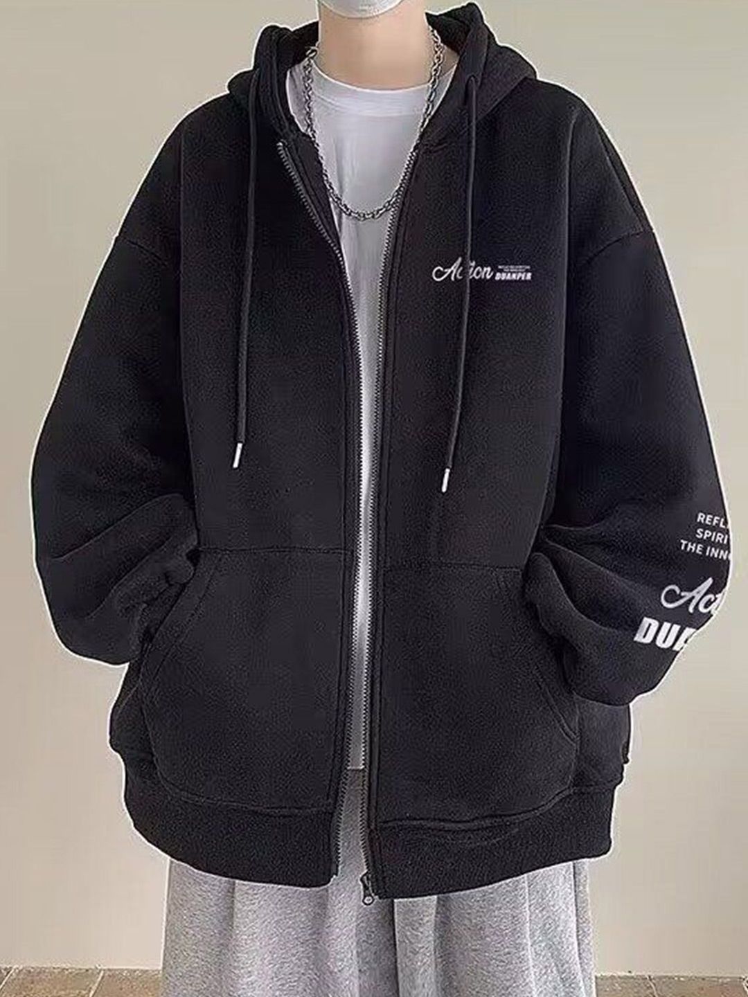 StyleCast x Revolte Typography Printed Hooded Front-Open Sweatshirt