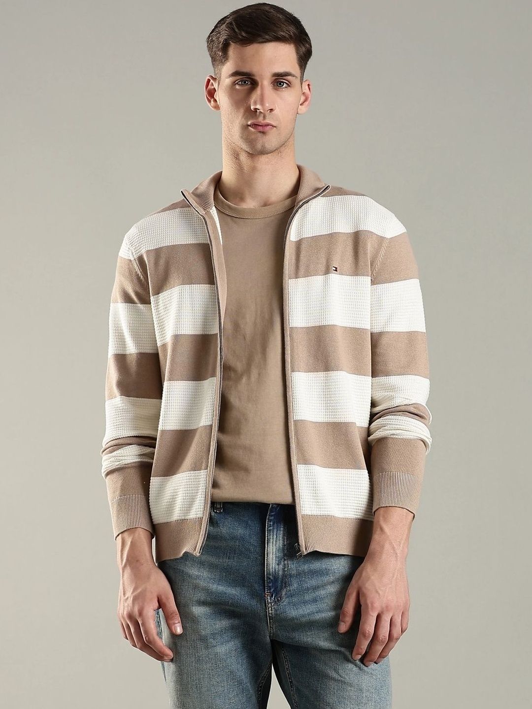 Tommy Hilfiger Striped Stand Collar Organic Cotton Open Front Jacket
