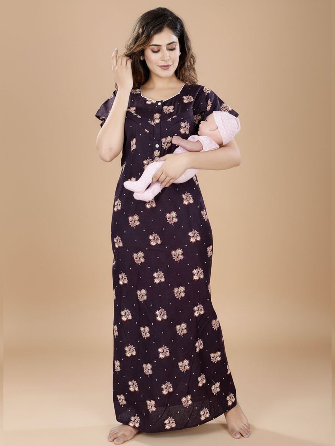 ANKONA ANKONA Women Floral Printed Round Neck Cotton Maternity Maxi Feeding Nightdress