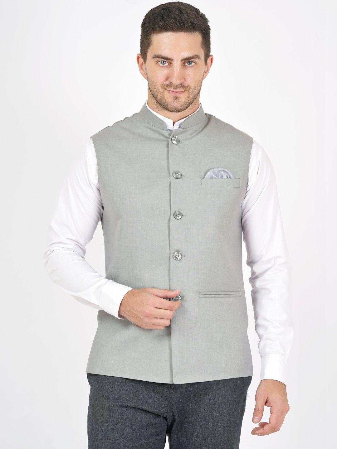 Badoliya & Sons Cotton Linen Woven Nehru Jacket With Pocket Square