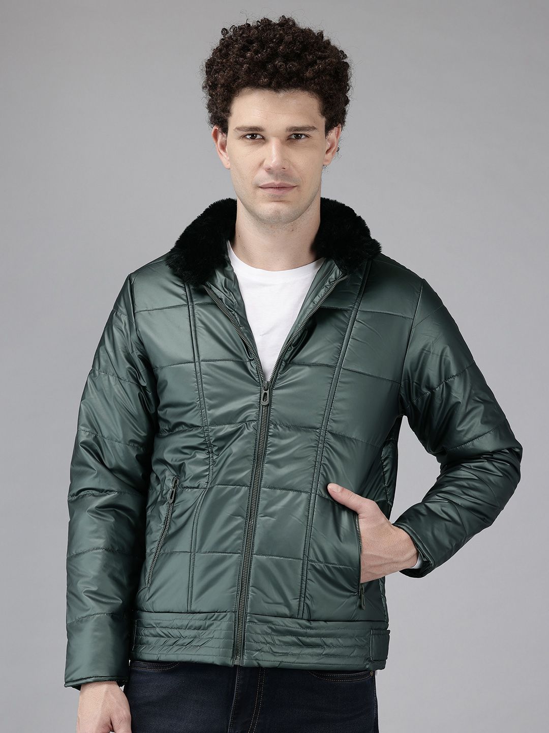 METTLE Mock Collar Padded Jacket With Fur Trim