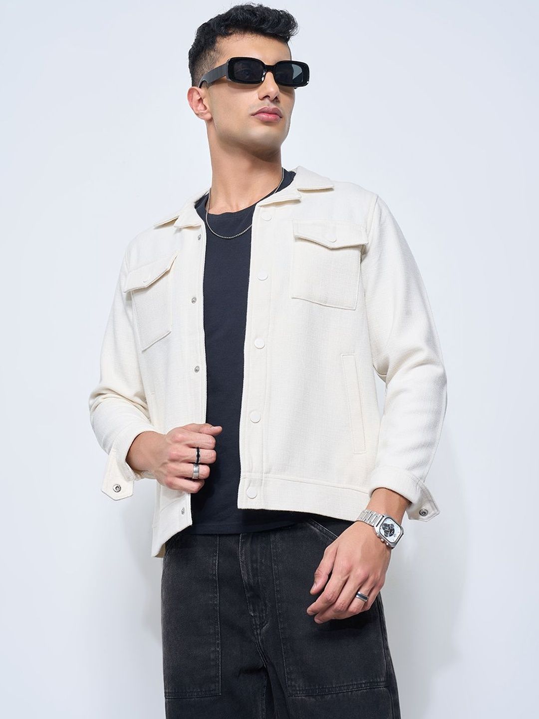 People Men Washed Crop Denim Jacket with Patchwork