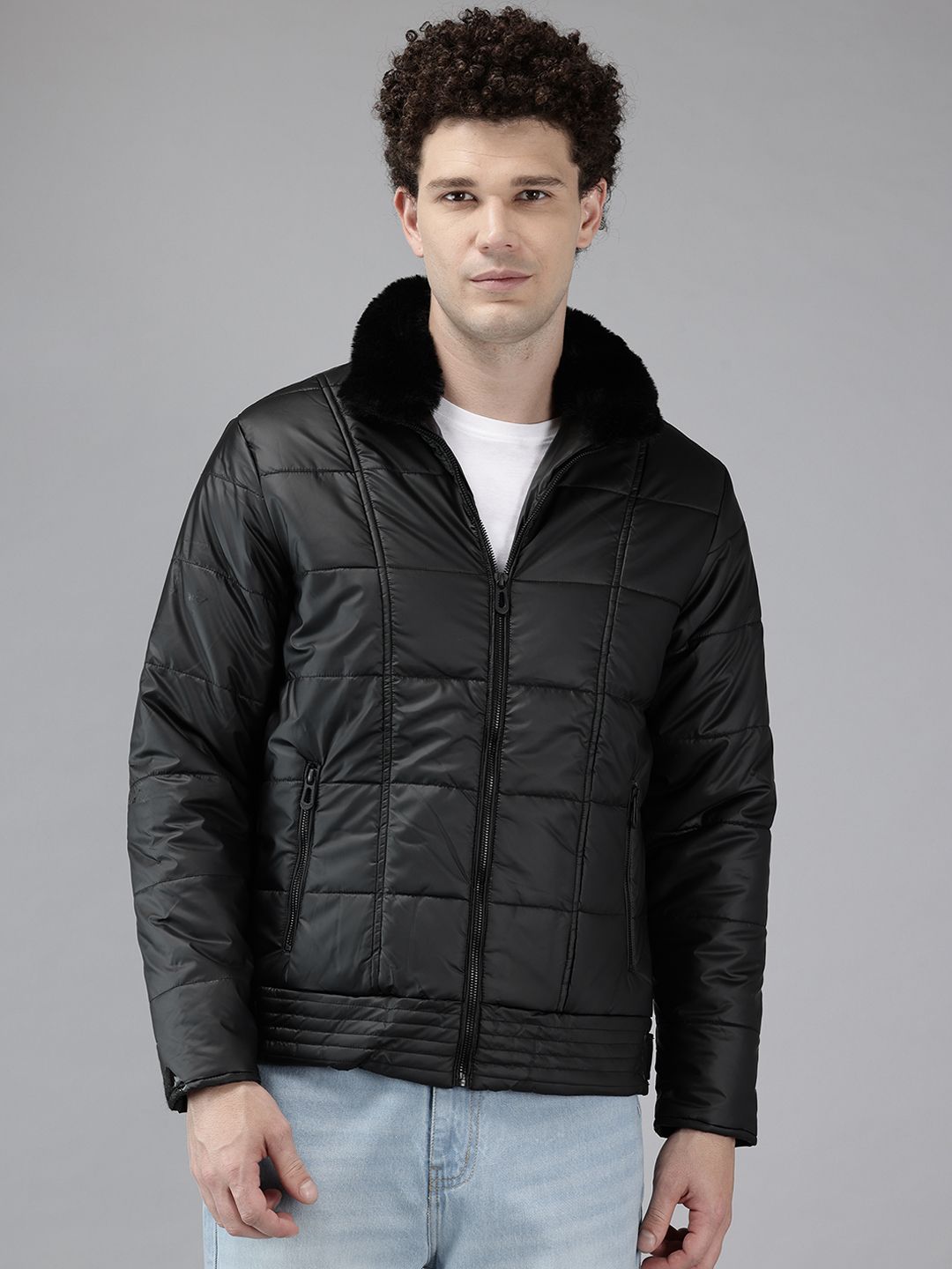 METTLE Mock Collar Padded Jacket With Fur Trim