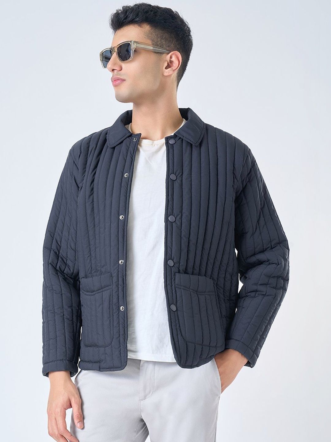 Peregrine by Pantaloons Men Spread Collar Striped Quilted Jacket