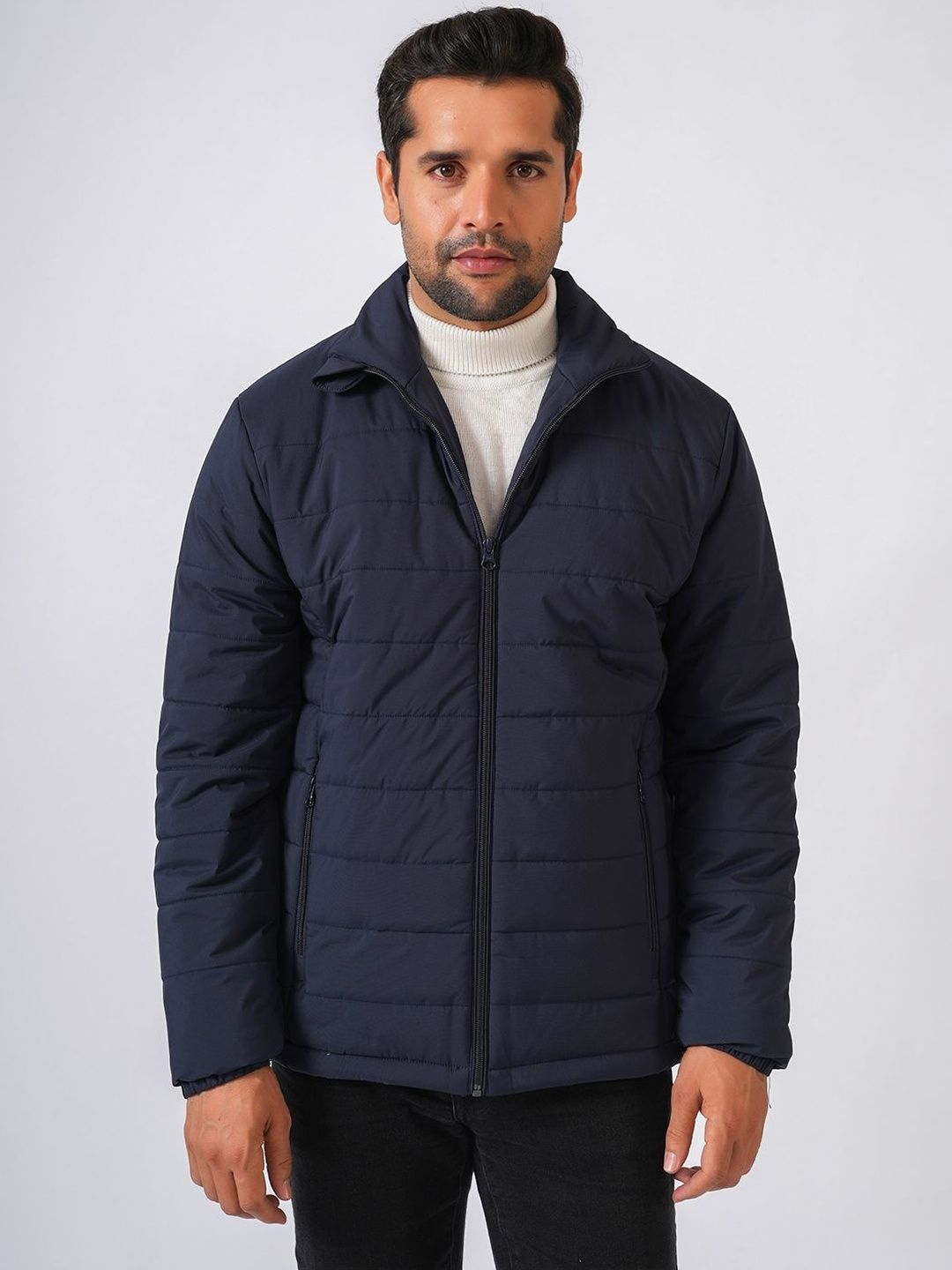 PERCH Men Striped Spread Collar Long Sleeves Lightweight Puffer Jacket