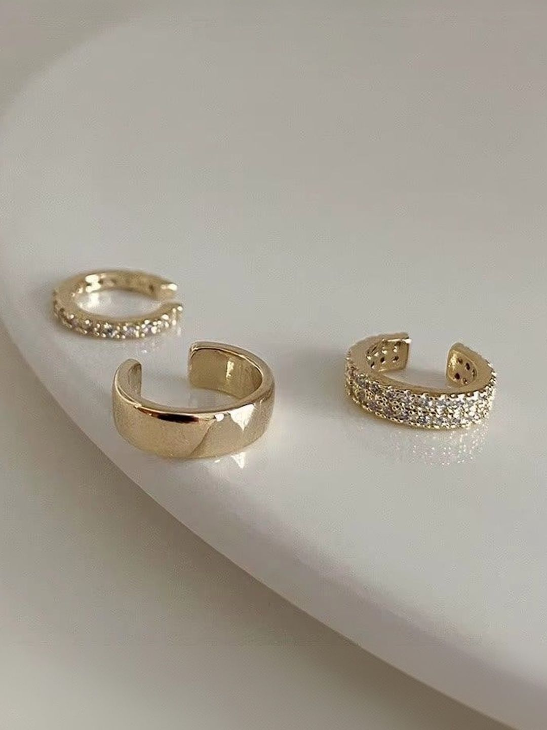 Tiso Set Of 3 Gold Plated American Diamond  Studded Semi Circular Ear Cuff Earrings
