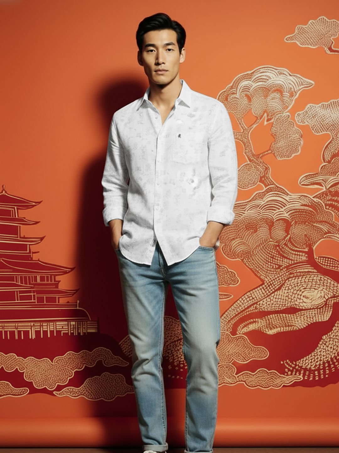 Peter England Casuals Men Self Design Spread Collar Pure Cotton Casual Shirt