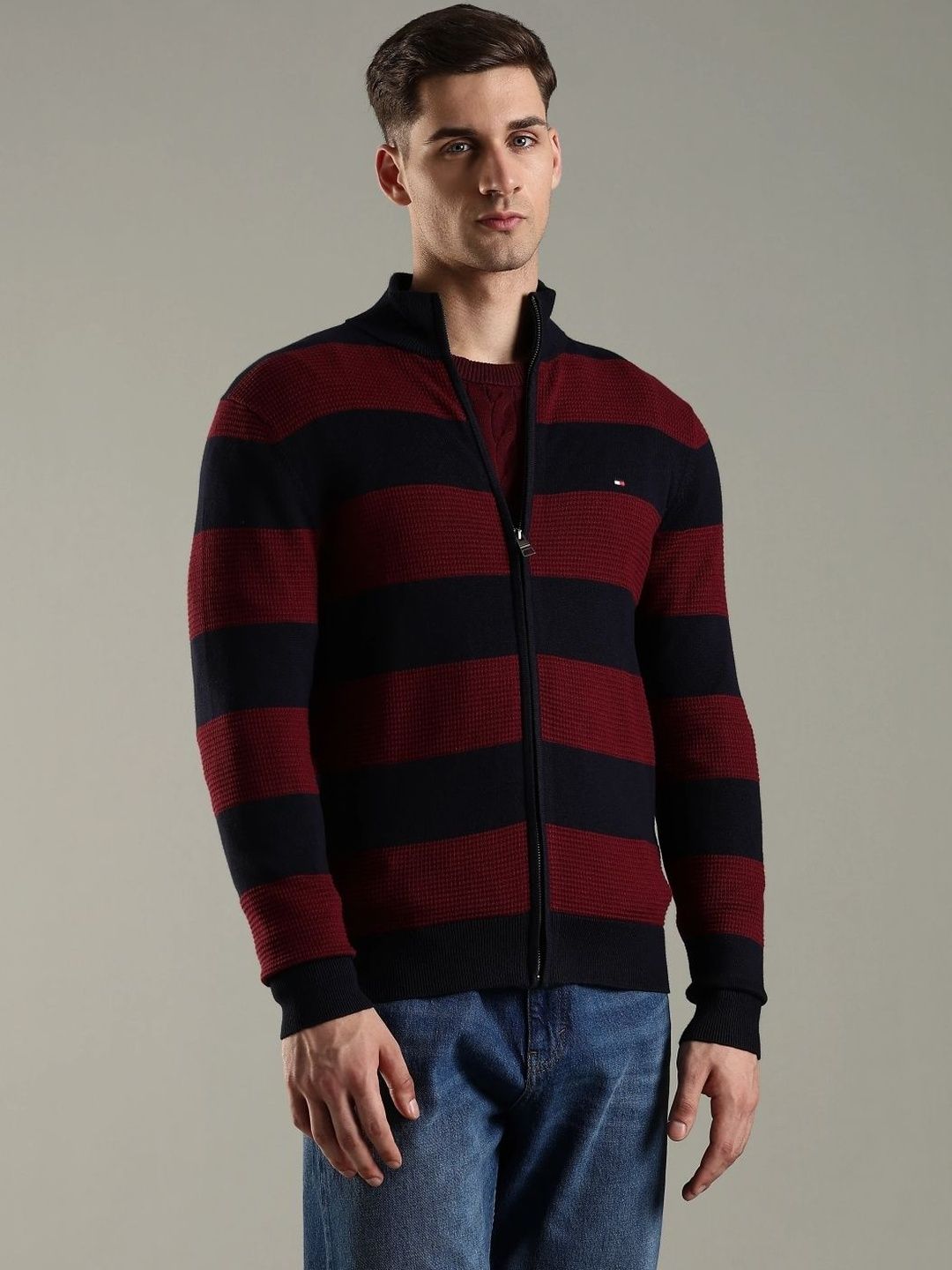 Tommy Hilfiger Striped Stand Collar Organic Cotton Open Front Jacket
