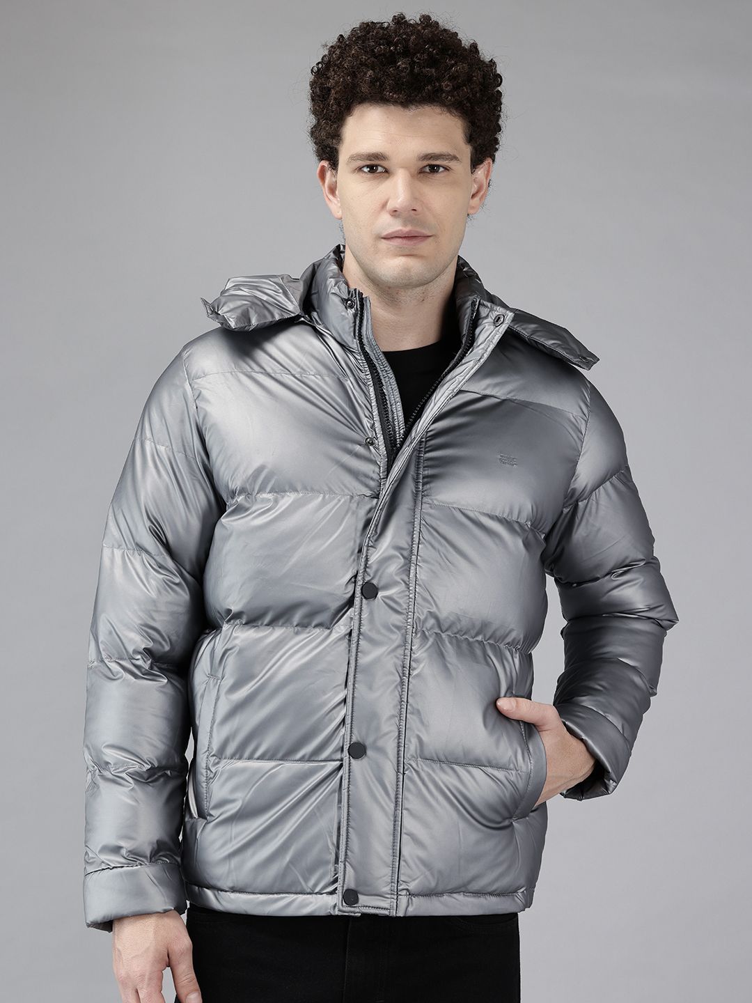 METTLE Metallic Finish Puffer Jacket with Detachable Hood