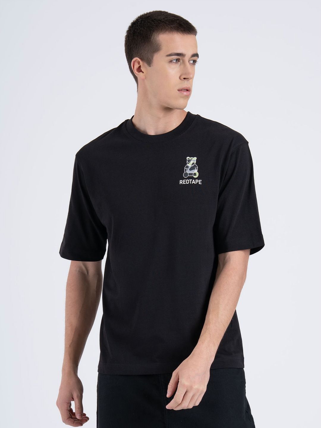 Red Tape Typography Printed Short Sleeves Cotton Oversized T-shirt