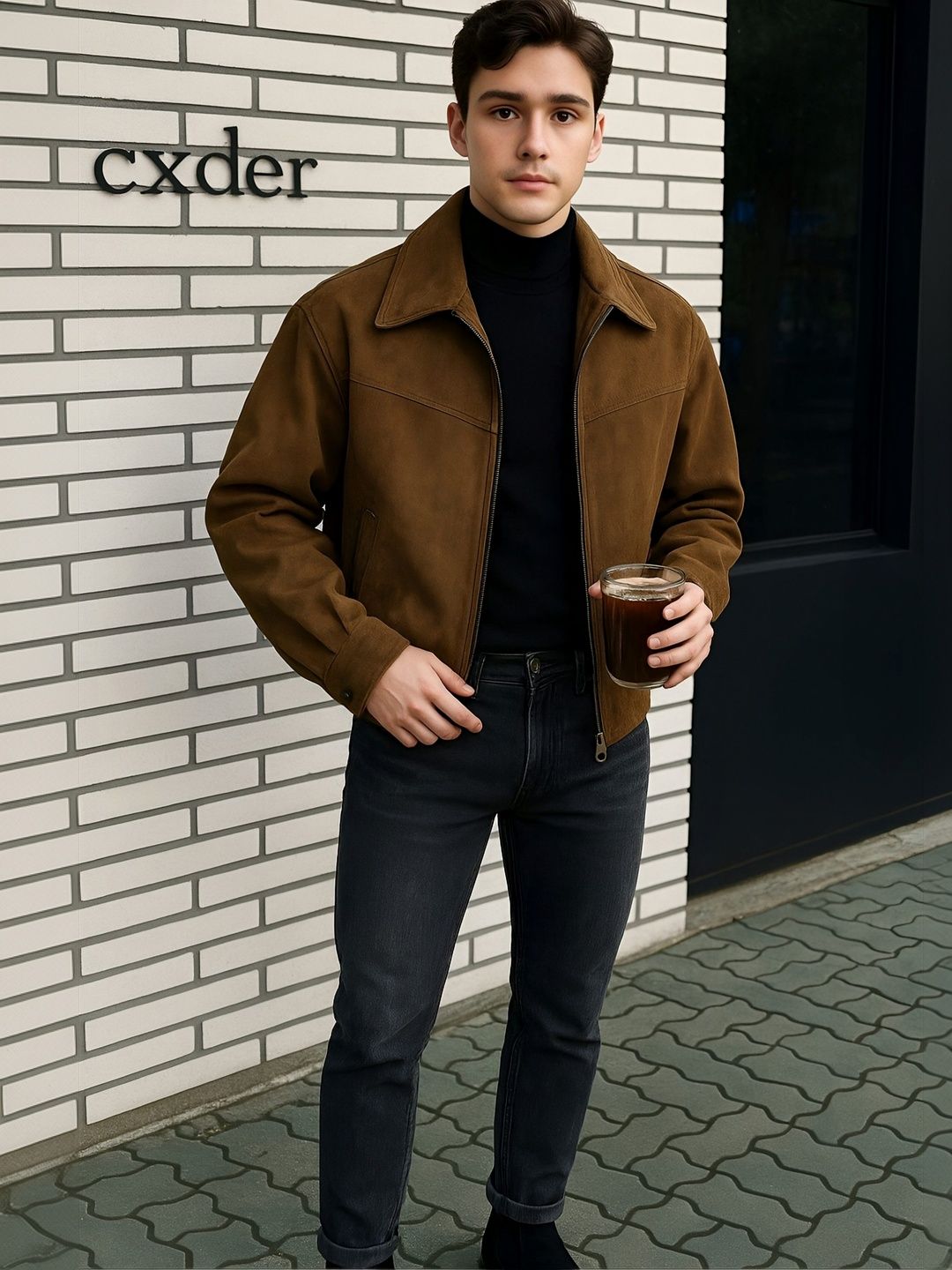 BAESD Men Suede Lightweight Bomber with Patchwork Jacket