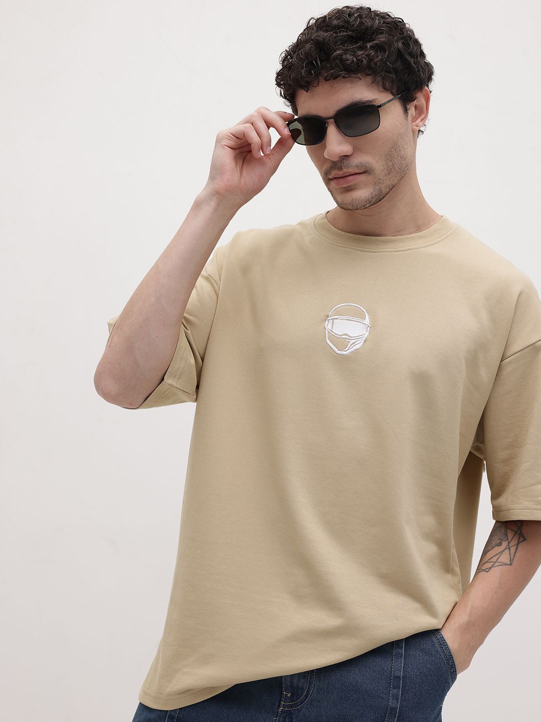 The Roadster Life Co. Applique Detail Round Neck Drop-Shoulder Sleeves Oversized T-shirt