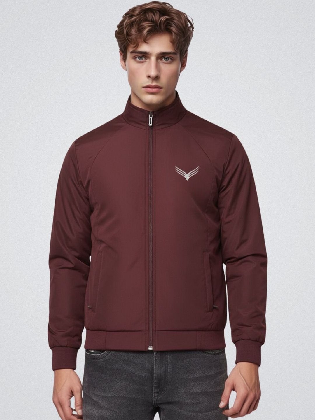 TAZO Men Stand Collar Solid Lightweight Bomber Jacket