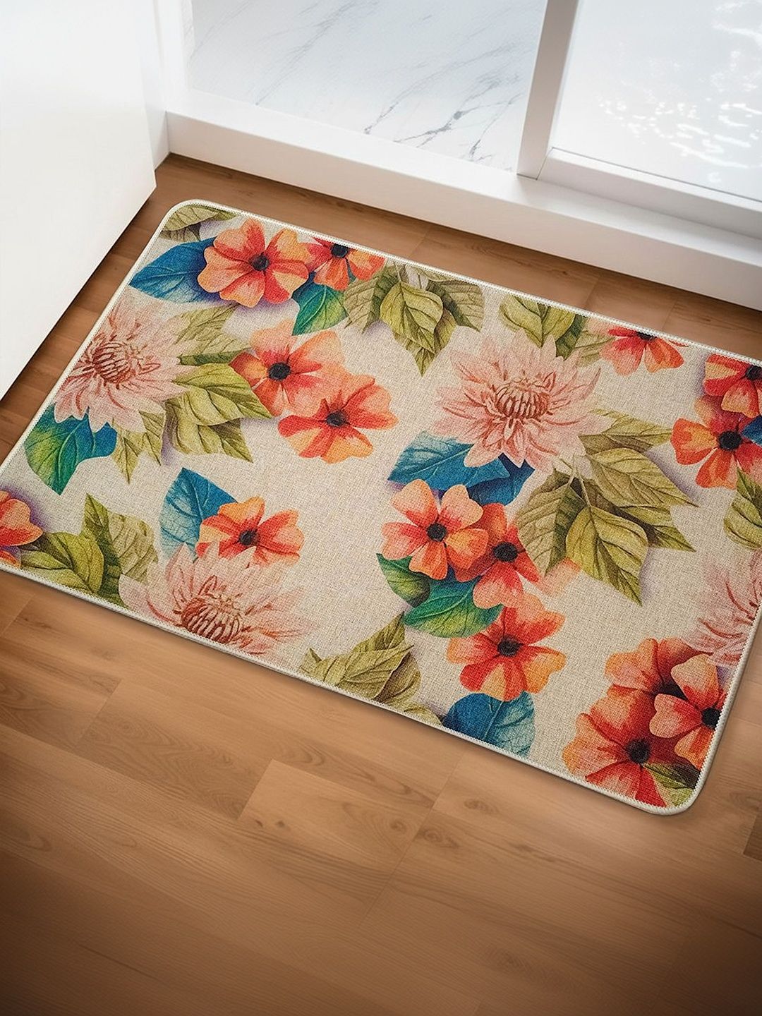 Yellow Weaves Beige & Red Floral Printed Anti-Slip Super-Absorbent 300-GSM Bath Rug