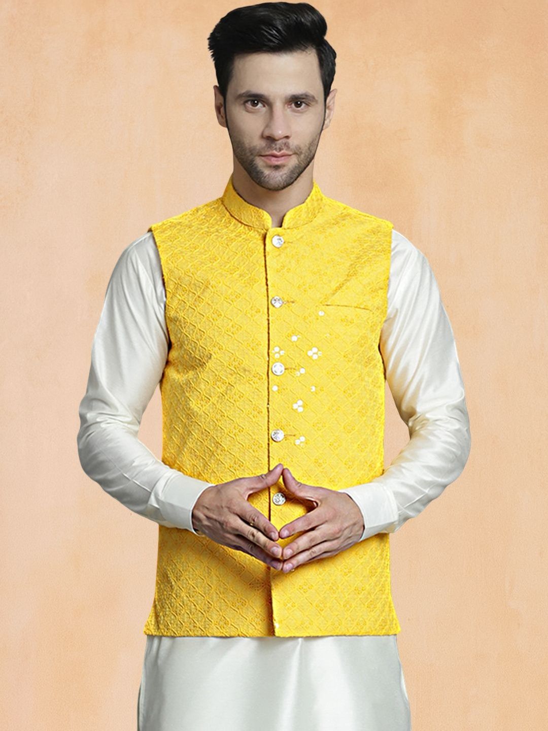 Jompers Men Embroidered Mandarin Collar Nehru Jacket