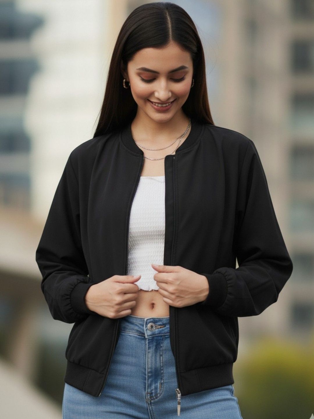 Leotude Women Collarless Solid Bomber Jacket