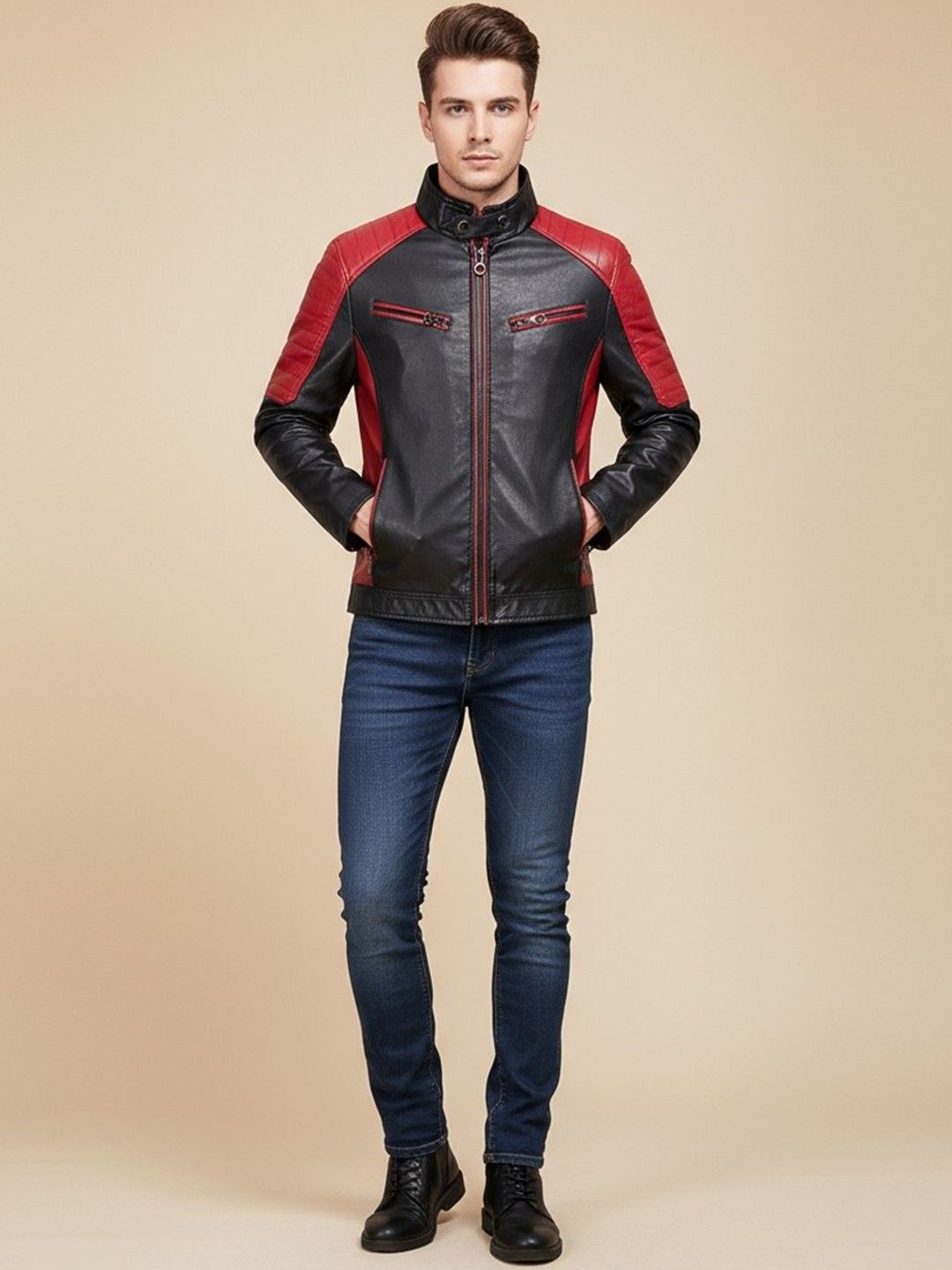 Mast & Harbour Colourblocked Stand Collar Biker Jacket