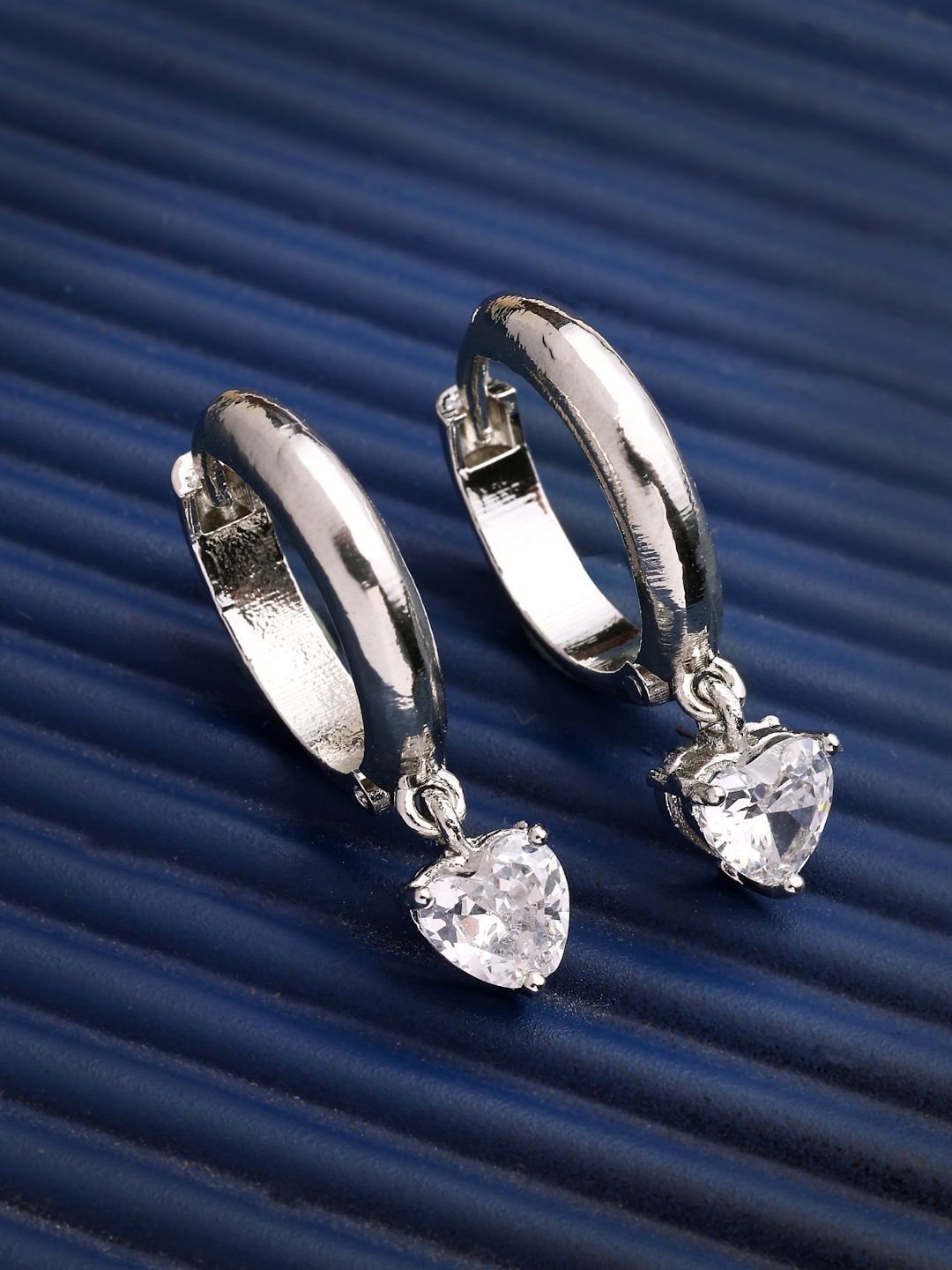 ZENEME Rhodium Plated American Diamond Studded Hoop Earrings