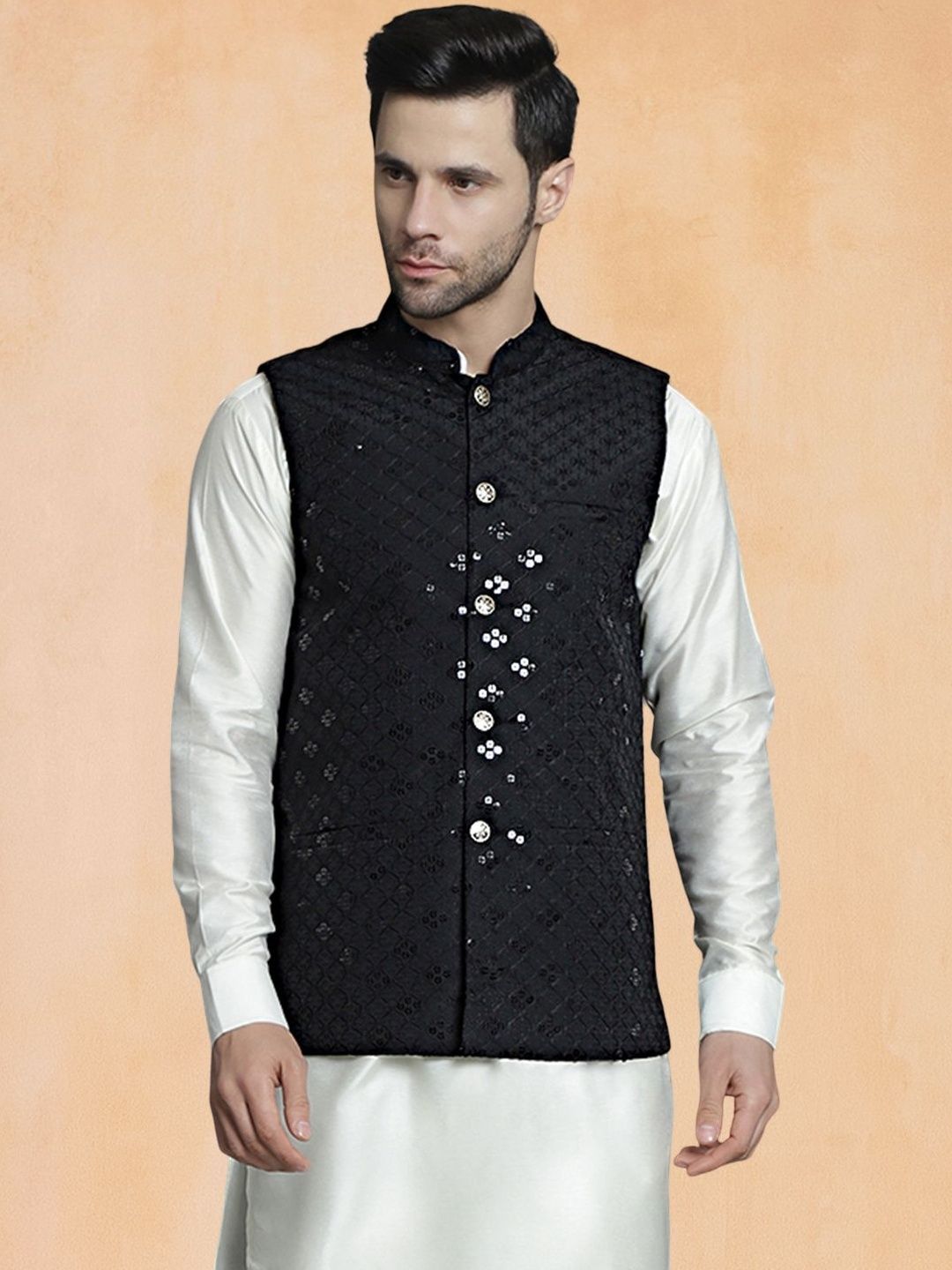 Jompers Men Embroidered Mandarin Collar Nehru Jacket