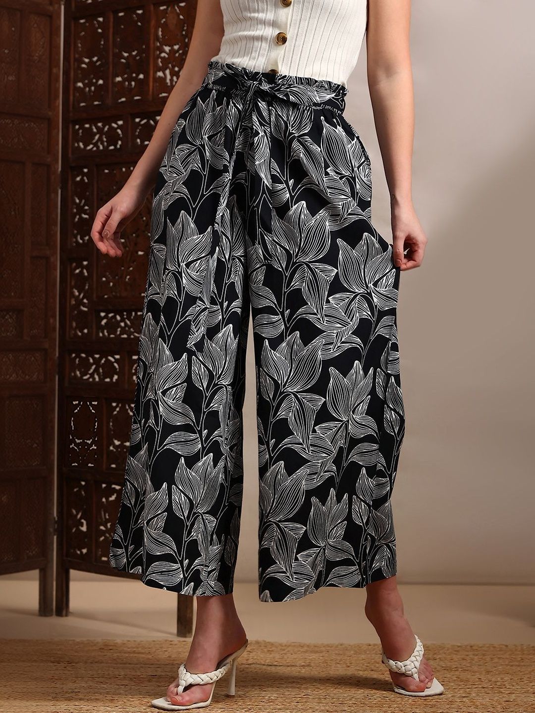 Globus Allover Floral Printed High-Rise Belted Wide Leg Trouser