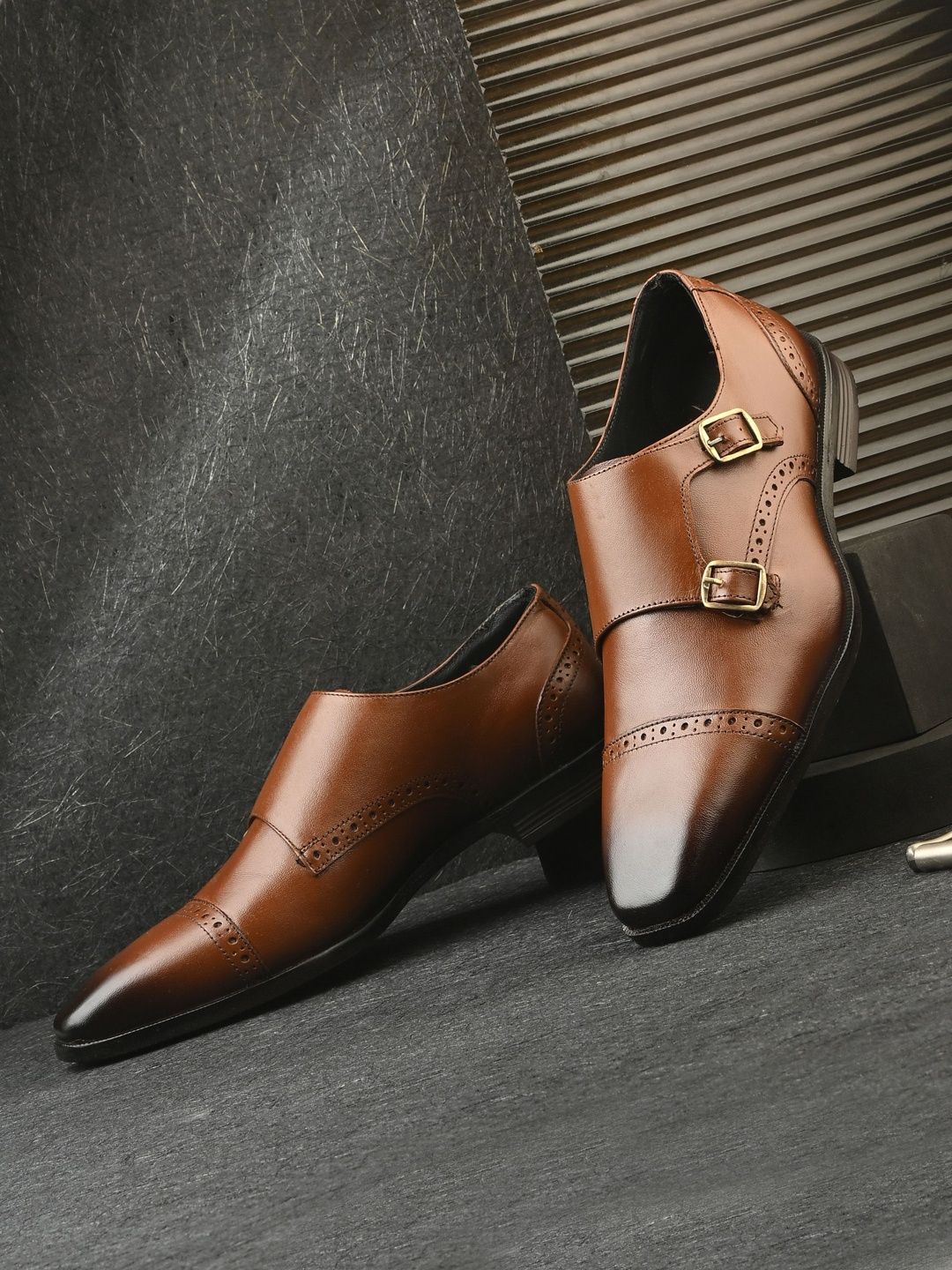 House of Pataudi Men Genuine Leather Formal Monk Shoes