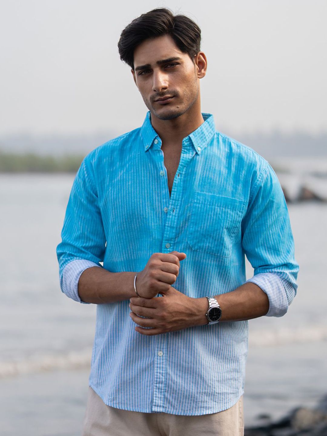 Powerlook Sprayed Vertical Stripes Cotton Long Sleeves Shirt