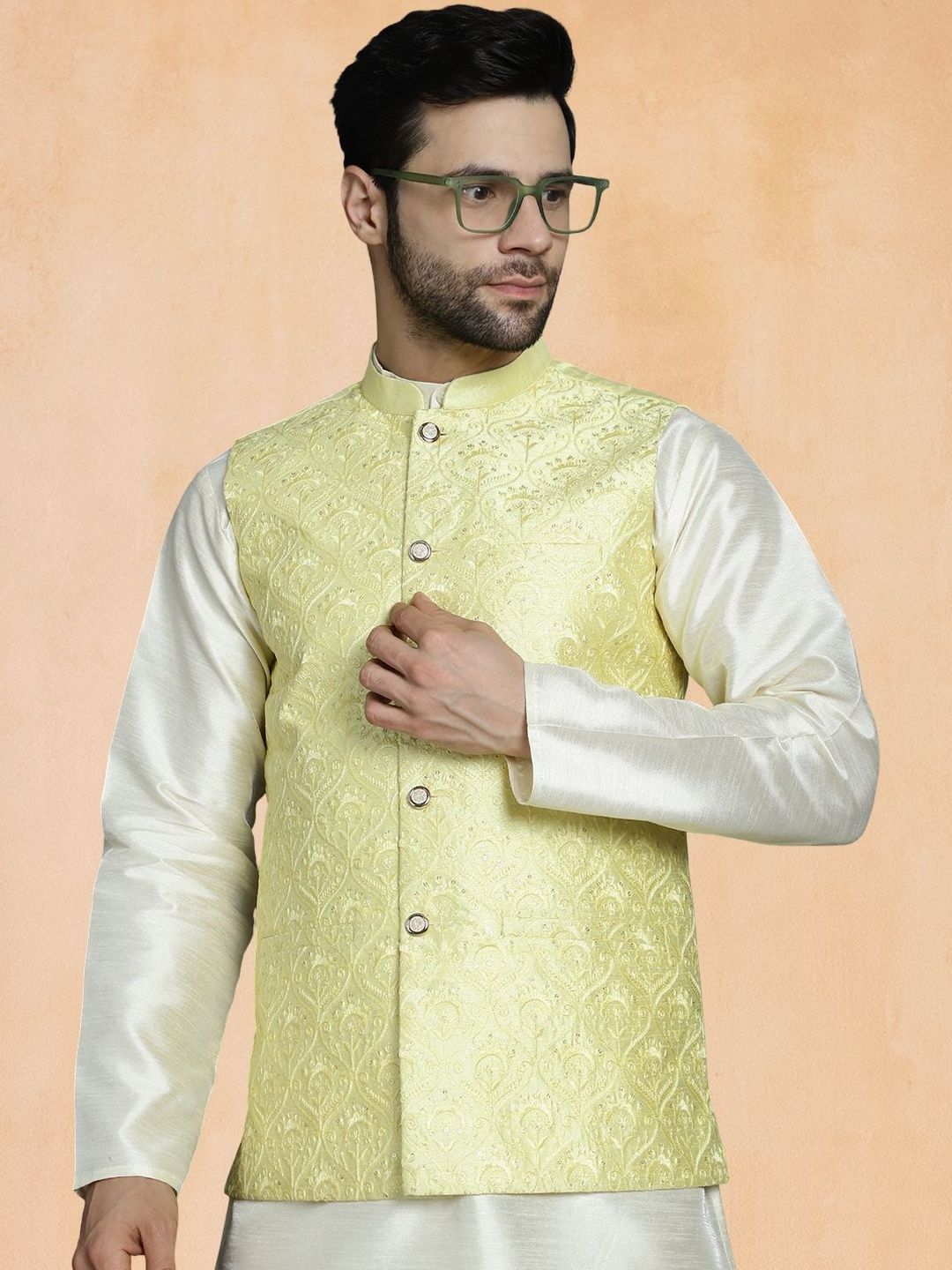 Jompers Embroidered Sequinned Mandarin Collar Silk Cotton Nehru Jacket