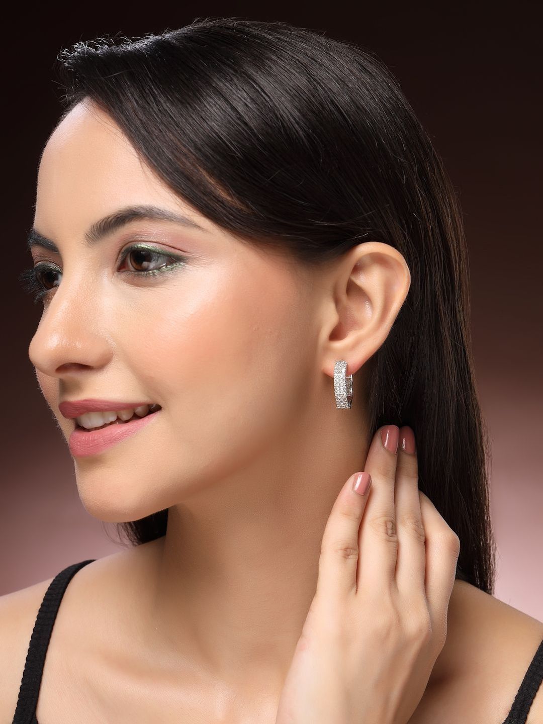 ZENEME Rhodium Plated American Diamond Studded Hoop Earrings