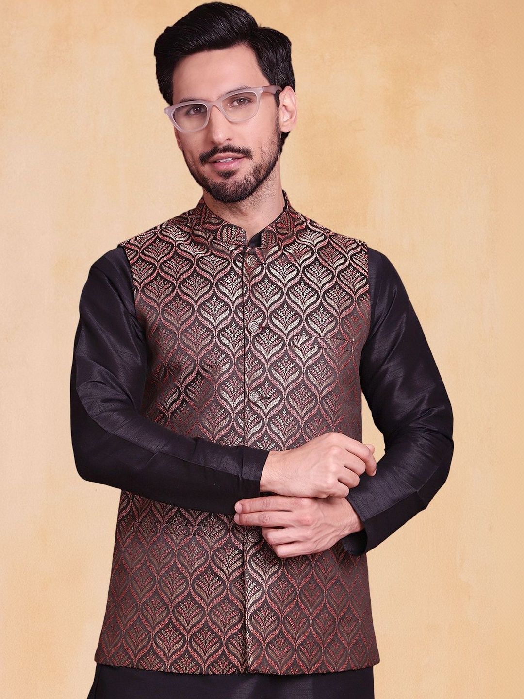 Jompers Men Woven Design Mandarin Collar Nehru Jacket